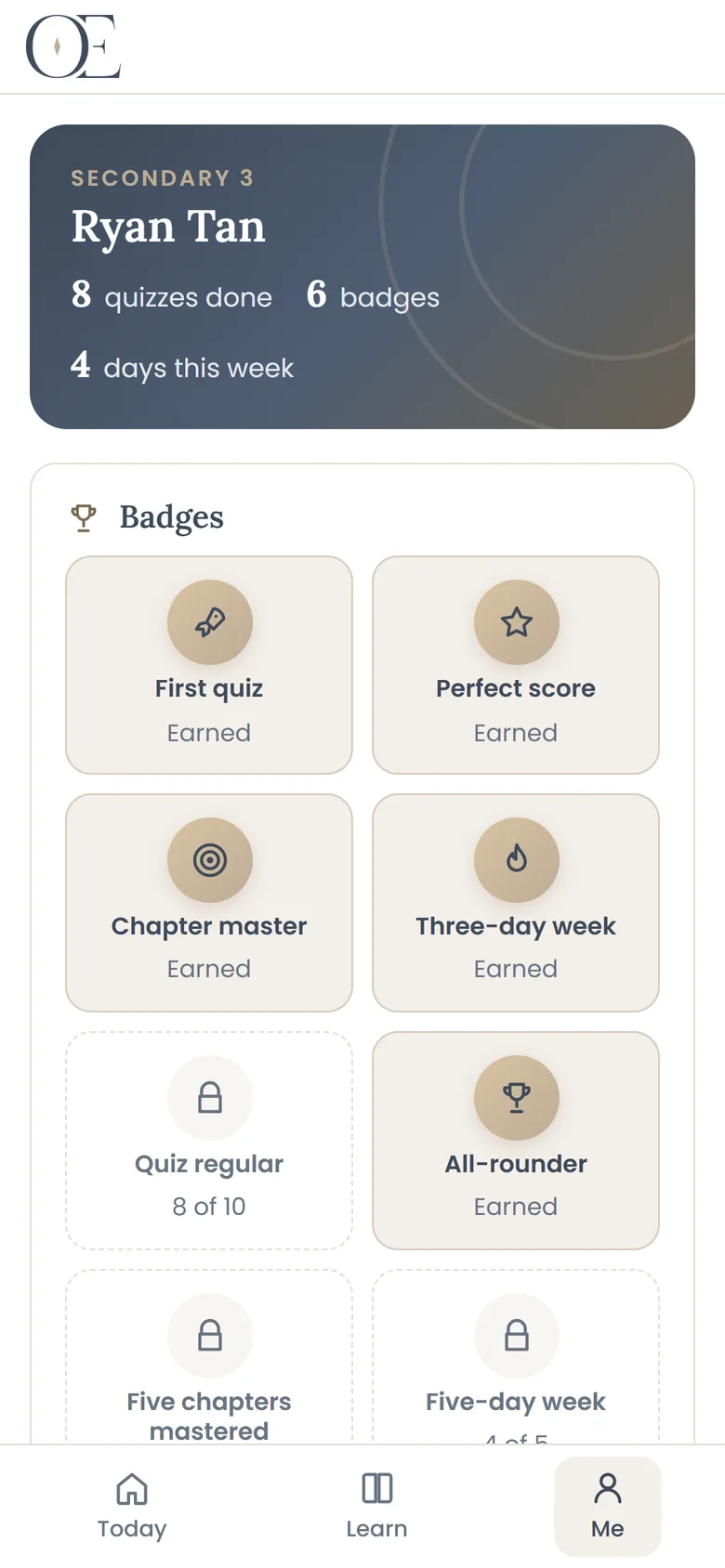 Badges earned for regular practice in the Outclass Learning App