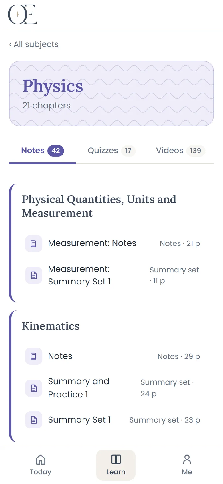 Physics chapters with notes and summary sets in the Outclass Learning App