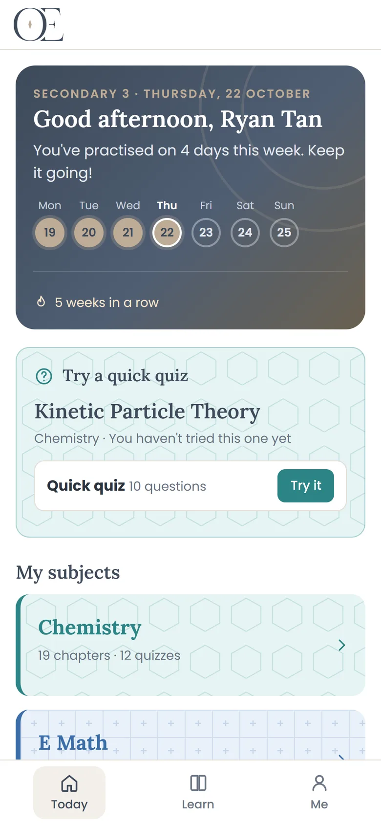 The Today page of the Outclass Learning App, showing this week's practice days and a suggested quiz
