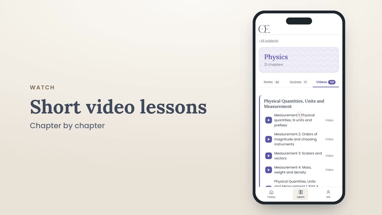 Outclass Learning App video: notes and worksheets for every chapter, shown on a phone